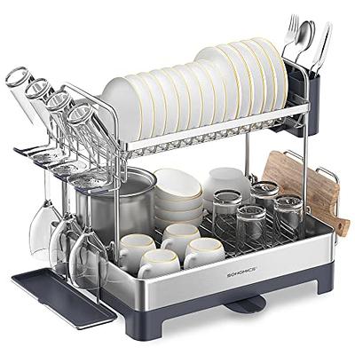 2 Tier Adjustable Over Sink Dish Drying Rack with 8 Hooks - Costway