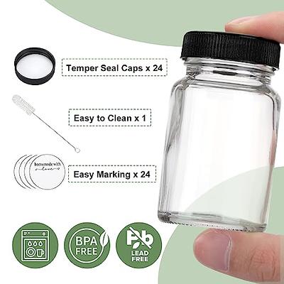 Small Clear Glass Bottles with Lids, 4 oz Glass Containers with Labels,  Funnels and Brushes, Round Sample Bottles for Juice, Oils, Ginger Shots