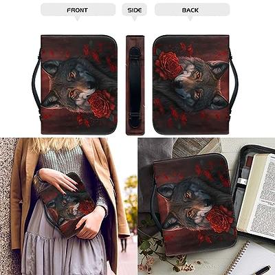 Rose Wolf Bible Cover for Men Funny Fashion Wolf Bible Case with Zipper  Portfolio Catholic Bible Cover Handbag for Women Messenger Bag for Women  Wolf Bible Cover Keychain 2 Pcs Set,XL 