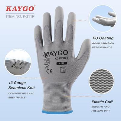 KAYGO Safety Work Gloves PU Coated-12 Pairs, KG11PB, Seamless Knit Glove  with Polyurethane Coated Smooth Grip on Palm & Fingers, for Men and Women,  Ideal for General Duty Work (Large, White) 