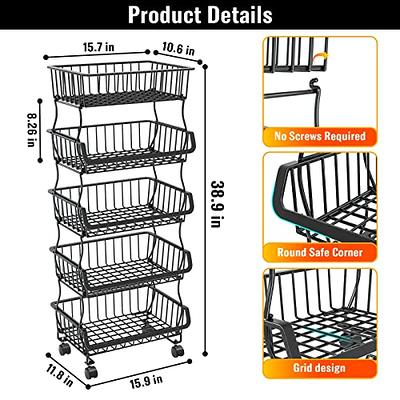 Gsiekare Fruit Vegetable Basket for Kitchen, 5 Tier Stackable Fruit  Vegetable Storage Baskets with Wheels, Metal Wire Storage Basket Organizer  Cart