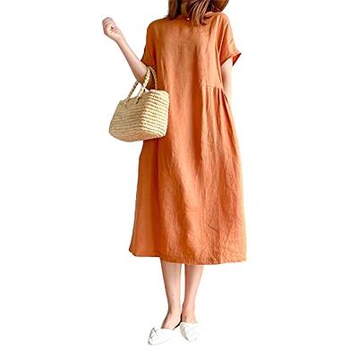 Casual Summer Dresses for Women V Neck Short Sleeve Cotton Linen Dress  Solid Color Loose Hide Belly Fat Midi Dress - Walmart.com