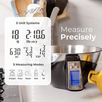 Fradel Digital Kitchen Food Scale with Bowl (Removable) and Measuring Cup -  Stainless Steel, Backlight, 11lbs Capacity - Cooking, Baking, Gym, Diet 