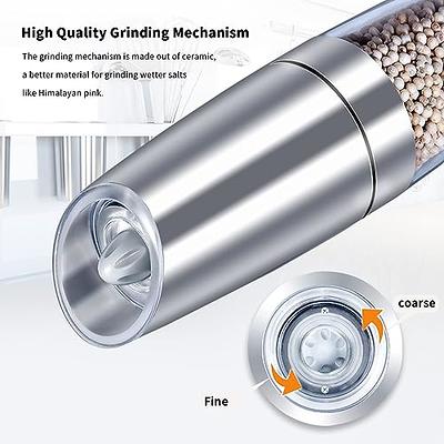 EasyCom Gravity Electric Salt and Pepper Grinder Set, Battery Powered with  LED Light, Adjustable Coarseness, One Hand Automatic Pepper Mill Grinder