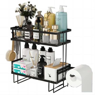 Acehoom 14 in. W x 5 in. D x 12 in. H Wall Mount 2-Tier Black Bathroom Glass Floating Shelf