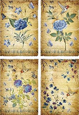 Rice Paper for Decoupage A4 Floral Decoupage Paper Vintage (Bird and Blue  Flowers on Vintage Music Notes and Script - 2 Sheets)
