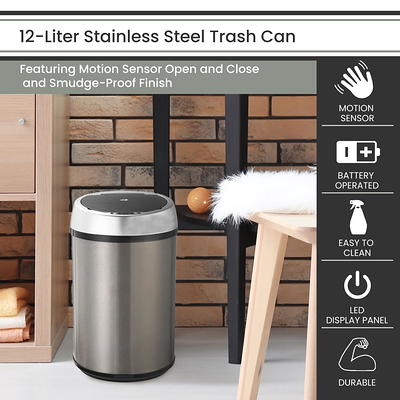 13 Gallon Automatic Trash Can for Kitchen Black Steel Touchless Motion Sensor Bin Soft Close Lid 50L LED Timer Slim Design