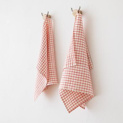 Washed Linen Gingham Tea Towel Set, Linen Kitchen Towels White Red