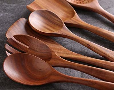 Wooden Kitchen Cooking Utensils, NAYAHOSE 8 Pcs Natural Teak Wooden Spoons  Spatulas and Wooden Storage Barrel for Non-stick Pan