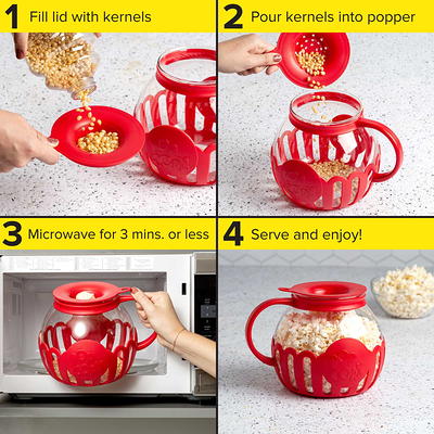 The Original Korcci 3 Quart Microwave Glass Popcorn Popper, Borosilicate  Glass, Dishwasher Safe, 3-in-1 Silicone Lid, BPA Free, Family Size (Red)