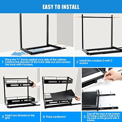 Storagebud 2 Tier Non-Slip Grip Kitchen Under Sink Organizer - Bathroom Cabinet Organizer with Utility Hooks and Side Caddy - 2 Pack - Black