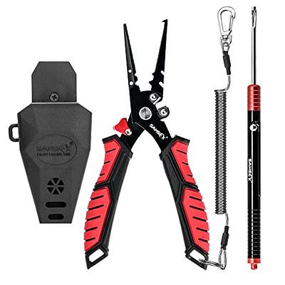 SAMSFX Fishing Pliers Fishing Gear with Rubber Handle, Lanyard, Braided Line  Cutter and Sheath, Ice Fishing Gear, Fishing Gifts for Men (7.5'' Split Ring  Nose Plier and 7.8'' Retractable Hook Remover) 