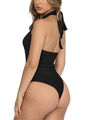 Black Sleeveless Thong Bodysuit with Sweetheart Neckline