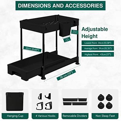 2 Pack Under Sink Organizers and Storage with Sliding Drawer, DUSASA Tier  Bathroom The Hooks Multi-Usage for Kitchen & Cabinet Black, Black