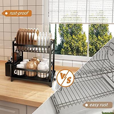 Santentre 2-Tier Dish Drying Rack with Removable Utensil Holder, Over Sink Dish Drying Rack for Space Saver, Dish Drainers for Kitchen Counter, Rust