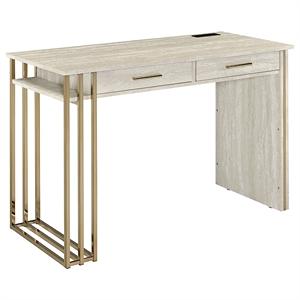 Aupodin Farmhouse Rattan 39.4 in. Retangular White/Gold Wood Computer Desk Writing Desk with 2-Drawer and Side Storage, White and Gold