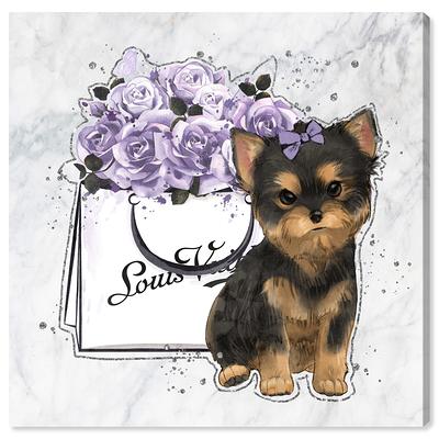 Oliver Gal 'Puppy and Lavender Flower Bag' Glam Purple Wall Art