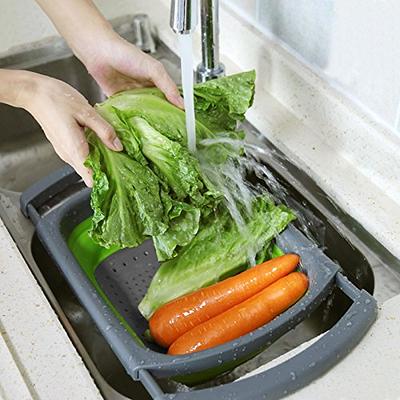 MineSign Extendable Over the Sink Colander Fruits and Vegetables Drain  Basket Adjustable Strainer Sink Washing Basket for Kitchen (Grey)