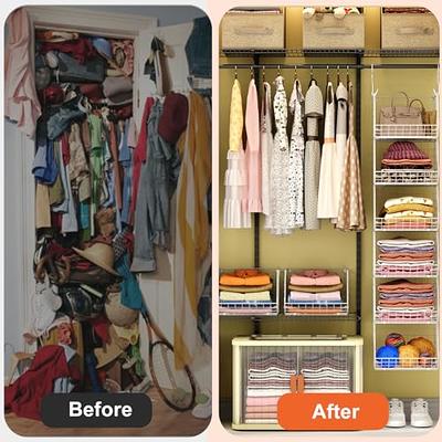 4 Tier Closet Hanging Organizer, Clothes Hanging Shelves with 5 S Hooks,  Closet Organization and Storage Wire Basket Bins for Clothing Sweater  Handbag