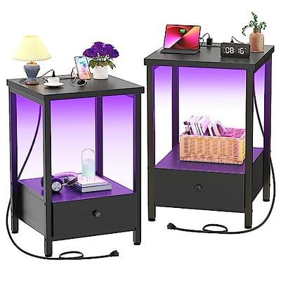 Set of 2 LED Nightstand with Charging Station&LED Lights & 2 Drawers,  Modern Night Stand Bedside Table with Pull-Out Tray for Bedroom Living  Room, Black 
