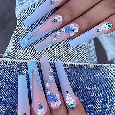 24Pcs Long Press on Nails Coffin Fake Nails with Flowers Designs