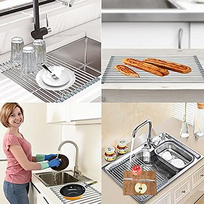Over The Sink Dish Drying Rack,Adjustable,2 Tier Stainless Steel Dish Rack  Drainer, Large Stainless Steel Dish Rack Over Sink for Kitchen Counter Organizer  Storage Space Saver with Hooks (25.6-33.5) 