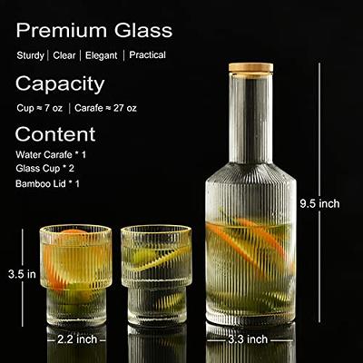 2PCS Ribbed Glass cups with Bamboo Lids and Glass Straws, Fluted