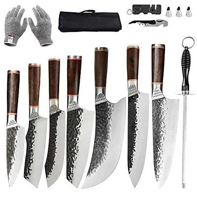 16-piece Natural Acacia Wood Knife Block Set Damascus Pattern Chef Knife Set,  Steak Knives, Kitchen Shears Red Resin Handles 