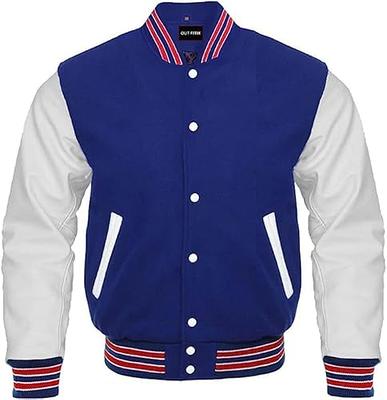 Royal Blue and Red Striped Letterman Jacket with White Leather Sleeves