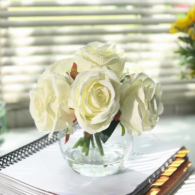 Enova Home 7 Cream Artificial Silk Open Roses Fake Flowers Stem in Round  Clear Glass Vase with Faux Water for Home Decoration - Yahoo Shopping