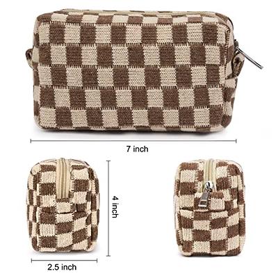 2Pcs Cosmetic Travel Bag, Brown Checkered Makeup Bag, Lightweight