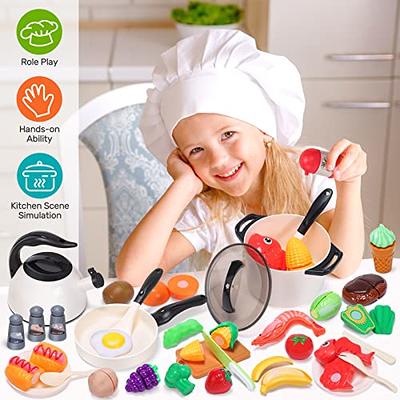 Cute Stone Kids Kitchen Pretend Play Toys,Play Cooking Set, Cookware Pots  and Pans Playset, Peeling and Cutting Play Food Toys, Cooking Utensils