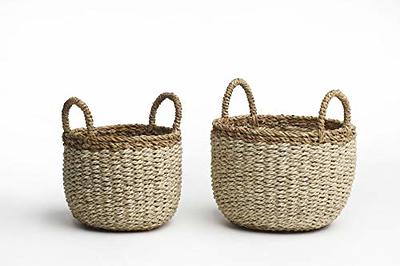 Small Wicker Baskets, Handwoven Baskets for Storage, Seagrass Rattan Baskets with Wooden Handles, 2-Pack, Natural