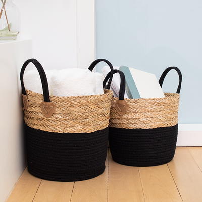 Set of 2 Round Storage Basket, Braided Seagrass & Cotton Rope (LG+MD),  Natural & Black - Yahoo Shopping