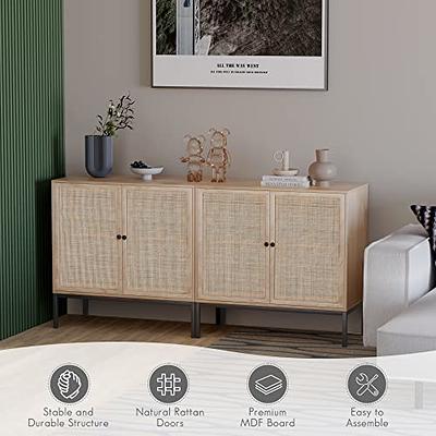 Yechen Set of 2 Sideboard Storage Cabinet with Handmade Natural Rattan  Doors, Buffet Cabinet with Storage, for Living Room, Dining Room, Entryway