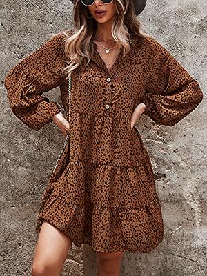 TEMOFON Womens Long Sleeve Dress: Leopard Printed Tunic Casual Loose V Neck  Fall Flowy Mini Dresses Brown S - Yahoo Shopping