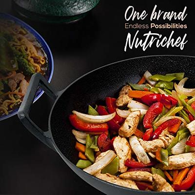NutriChef Heavy Duty Non Stick Pre Seasoned Cast Iron Skillet Frying Pan 3  Piece Set Includes 8-Inch, 10-Inch, 12-Inch Pans, with Silicone Handles