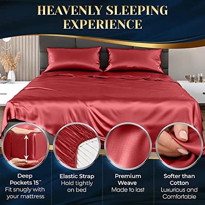 MR&HM Satin Bed Sheets with Elastic Corner Straps, Full Size Sheets Set, 4  Pcs Silky Bedding Set with 15 Inches Deep Pocket for Mattress (Full, Silver