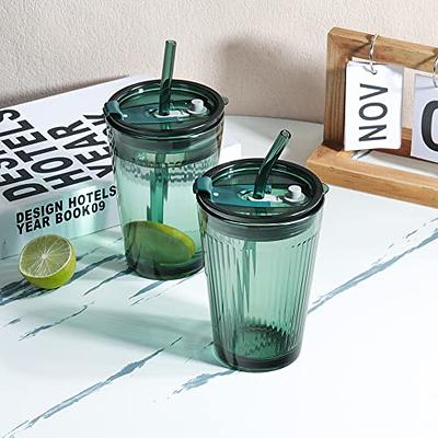 Joeyan Glass Tumbler with Straw and Lid,Green Glasses Water Cup