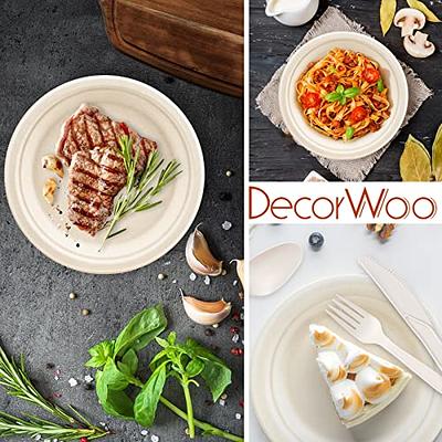 DecorWoo 300Pcs Compostable Paper Plates Set, Eco Party Plates &  Biodegradable Utensil Include Forks, Knives, Spoons, Napkins, Soak Proof  Disposable