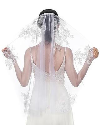  Unsutuo Wedding Veil Ivory Lace Applique Short Bride Veils  Shoulder Length Bridal Tulle Veil with Comb for Women and Girls : Clothing,  Shoes & Jewelry