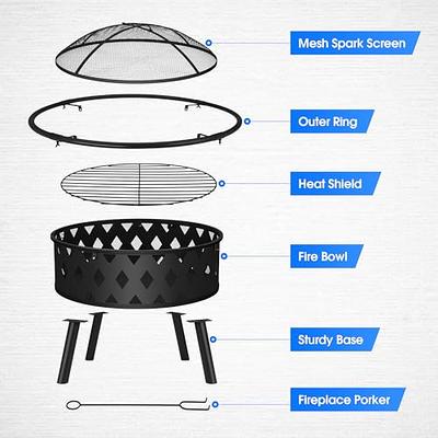  SereneLife Portable Outdoor Wood Fire Pit - 2-in-1 Steel BBQ  Grill 26 Wood Burning Fire Pit Bowl w/ Mesh Spark Screen, Cover Log Grate, Wood  Fire Poker for Camping, Picnic