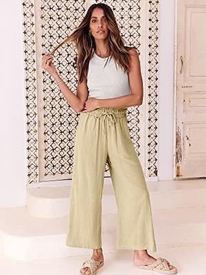 Women Capris Pants Cotton Linen Casual Lounge Pants Summer Loose Drawstring  Elastic Waist Cropped Trousers with Pockets