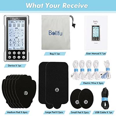 Belifu 4 Independent Channel TENS EMS Unit, 24 Modes,30 Level Intensity  Muscle Stimulator Machine, Rechargeable Electric Pulse Massager with 10  Pads&5