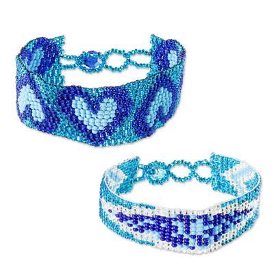 Friendship Bracelets Crafted with Tiny Glass Beads (Pair) - Banner in Blue