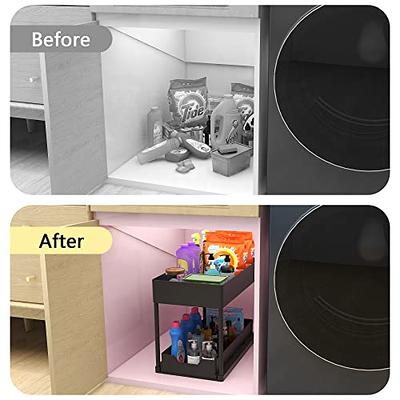 Storagebud 2 Tier Non-Slip Grip Kitchen Under Sink Organizer - Bathroom Cabinet Organizer with Utility Hooks and Side Caddy - 2 Pack - White