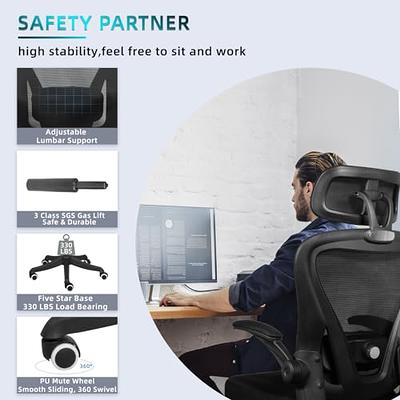 SeekFancy Ergonomic Mesh Office Chair, High Back Desk Chairs with Wheels -  Adjustable Lumbar Support and Headrest, Tilt Function with Flip-Up Arms