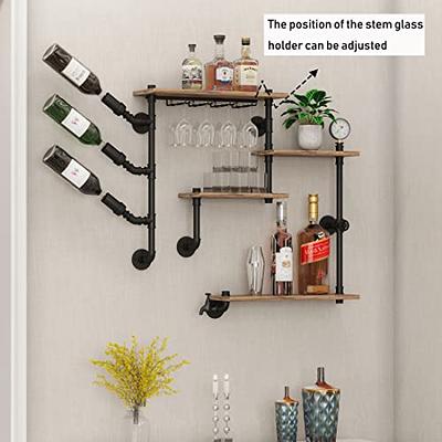 Wall Bar Shelves Industrial Pipe Shelving with 4 Stem Glass Holder, 4-Tiers  Rustic Floating Wine