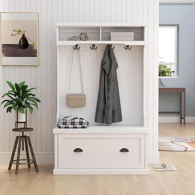 YDTREILS Hall Tree with Coat and Shoe Rack, Entryway Coat Rack with Bench  Hooks and 4-Tier Shoe Rack, White