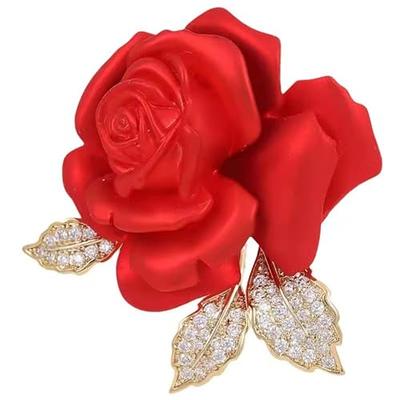 WISHKAA Rose Flower Brooches for Women Red Crystal Pin Sweather Party Jewelry Gift